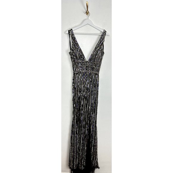 MAC DUGGAL Stripe Sequin Gown in Black Gold Size US 2 - Picture 4 of 11